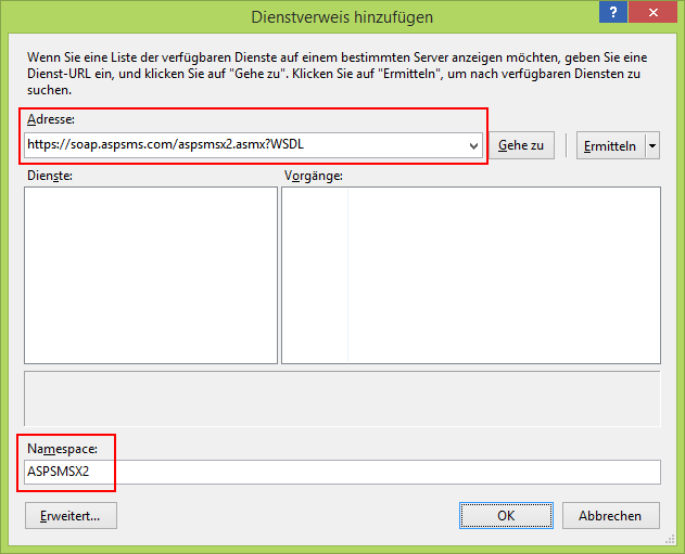 Dienstverweis hinzufgen: ASPSMS SOAP Webdienst