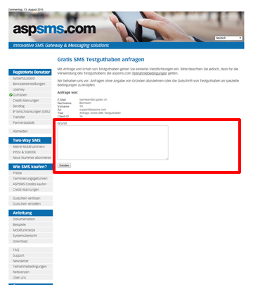 Gratis SMS Testguthaben anfragen