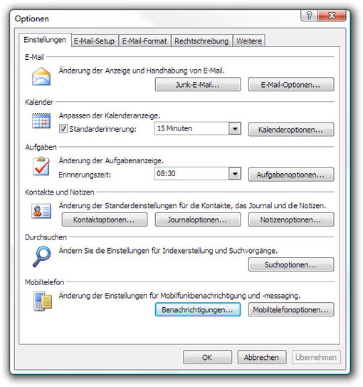 Outlook 2007 Optionen.
